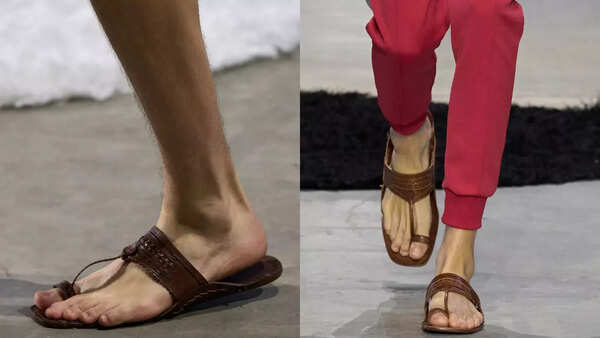 Close-up of Prada sandals resembling Kolhapuri chappals