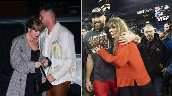 Taylor Swift hugging Travis from the side